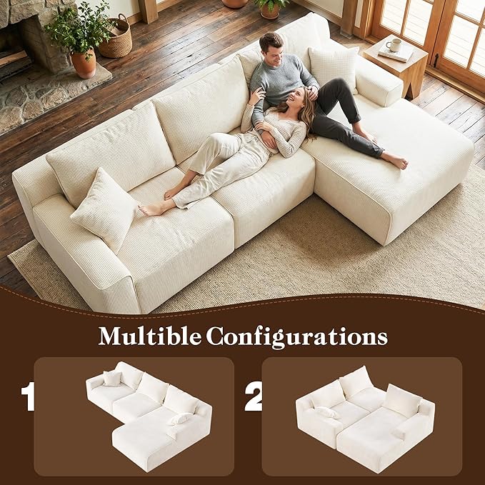 Homkdom L-Shaped Cloud Boneless Couch with Deep Seat, Modular Sectional Sofa with Oversized Chaise, 6 Layouts Combination for Living Room, Apartment, No Assembly (White Check, Right Facing Chaise)