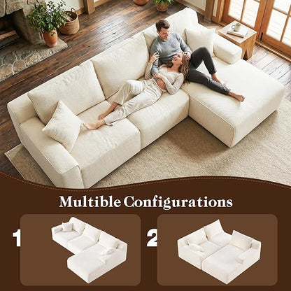 Homkdom L-Shaped Cloud Boneless Couch with Deep Seat, Modular Sectional Sofa with Oversized Chaise, 6 Layouts Combination for Living Room, Apartment, No Assembly (White Check, Right Facing Chaise)