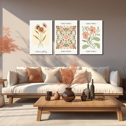SKYRISE 3 PCS Boho Floral Canvas Wall Art, Rustic Botanical Canvas Paintings Prints ArtWork for Living Room, Vintage Flower Pictures for Farmhouse Dining Room Hallway Bedroom Wall Decor 16"x24"