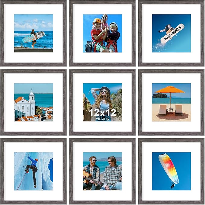 Vittanly 12x12 Picture Frames Set of 9, Display 8x8 Pictures with Mat or 12x12 without Mat, Photo Frames for Wall Mount, Engineered Wood, Dark Grey