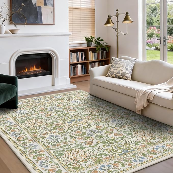 AMADA HOMEFURNISHING 5x7 Area Rug, Washable Living Room Rug with Non-Slip Backing, Low Pile and Durable Edge Binding, Vintage Soft Floral Rugs for Living Room, Bedroom, Dining Room