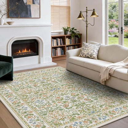 AMADA HOMEFURNISHING 5x7 Area Rug, Washable Living Room Rug with Non-Slip Backing, Low Pile and Durable Edge Binding, Vintage Soft Floral Rugs for Living Room, Bedroom, Dining Room