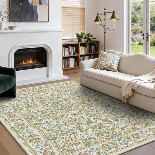 AMADA HOMEFURNISHING 5x7 Area Rug, Washable Living Room Rug with Non-Slip Backing, Low Pile and Durable Edge Binding, Vintage Soft Floral Rugs for Living Room, Bedroom, Dining Room