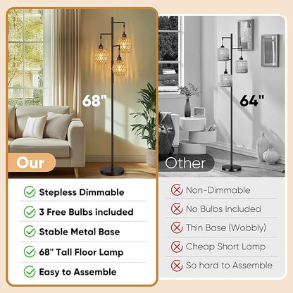 ROTTOGOON Dimmable Boho Floor Lamp - 3 Light Farmhouse Rattan Floor Lamps for Living Room, Tree Floor Lamps with Bohemian lampshades, Rustic Standing Tall Lamps for Bedroom, Office, 68", 6W, Black