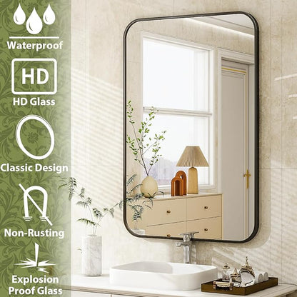 Easly 20 x 28 Inch Bathroom Mirror, Rounded Rectangular Vanity Mirror for Wall, Modern Mirror for Room Decor, Black Framed Wall-Mounted Mirrors for Home Decor, Hangs Horizontally or Vertically