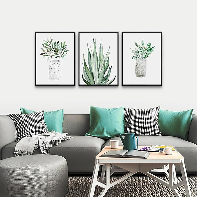 AHUASJART Black Framed Wall Decoration Living Room Wall Art Painting For Dining Room Large Wall Decor For Bedroom Kitchen Decor Art Green Leaf Pictures Artwork For Home Walls 3 Piece Art Prints