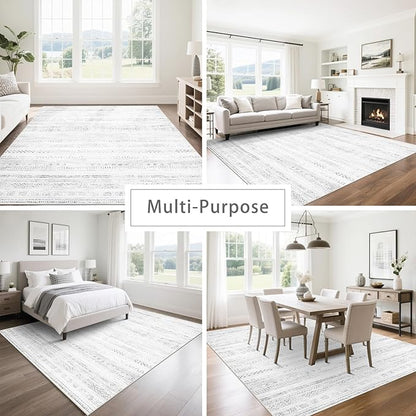 Srugn Moroccan Washable Rugs 8x10 Area Rugs for Living Room,Bedroom,Dining Room- Large Ultra Soft Faux Wool Retro Carpet,Non Slip&Non-Shedding Low Pile Vintage Print Rug for Home Office-(Gray-White)