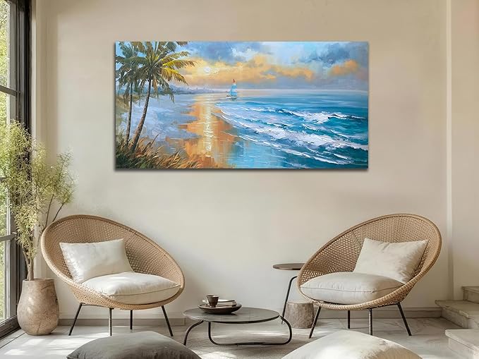 Enartly 3D Textured Seascape Wall Art for Living Room, Ocean Nature Coconut Tree Landscape Canvas Painting Artwork Framed Bedroom Bathroom Hallway Home Office Wall Decor, 48"x24"