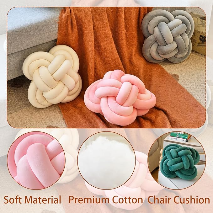 Xuyier Knot Pillow Ball, Decorative Throw Pillows with Velvet Fabric for Couch Bed, 12" Decor Knotted Square Floor Pillow Cushions for Living Room (12 Inches, Dark Yellow)