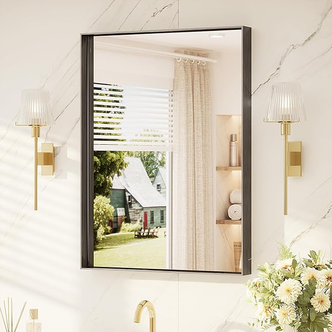 TETOTE Black Bathroom Mirror 24" x 32" Matte Black Vanity Mirror for Over Sink, Tempered Glass, Modern Farmhouse Rectangle Frame Wall Mirrors for Bathroom, Living Room, Bedroom, Entryway