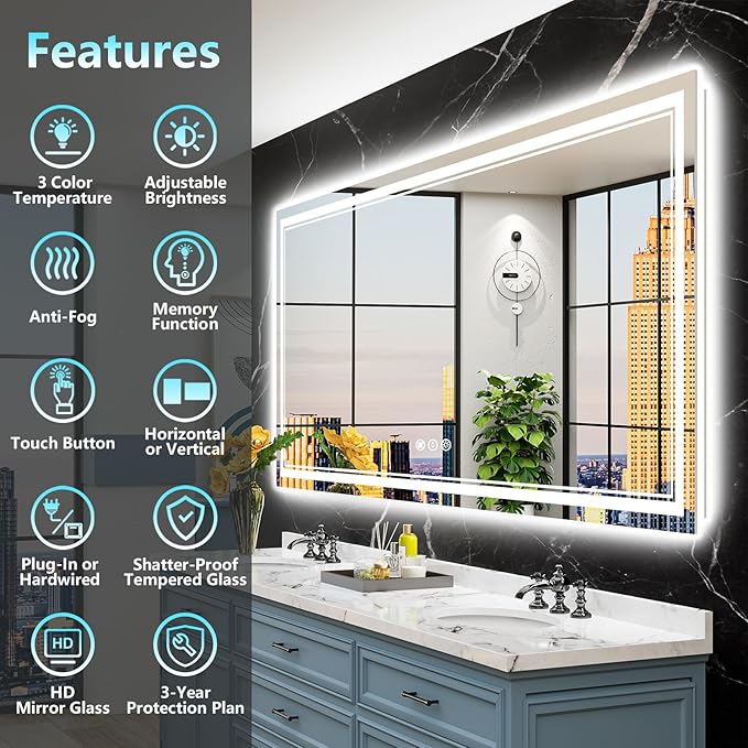 96x36 LED Bathroom Mirror with Lights, Backlit and Front Lit Anti-Fog Lighted Vanity Mirrors for Bathroom Wall, Dimmable, 3-Color Light, Memory, Shatter-Proof, HD Tempered Glass, CRI＞90