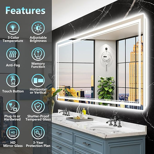 84x32 LED Bathroom Mirror with Lights, Backlit and Front Lit Anti-Fog Lighted Vanity Mirrors for Bathroom Wall, Dimmable, 3-Color Light, Memory, Shatter-Proof, HD Tempered Glass, CRI＞90
