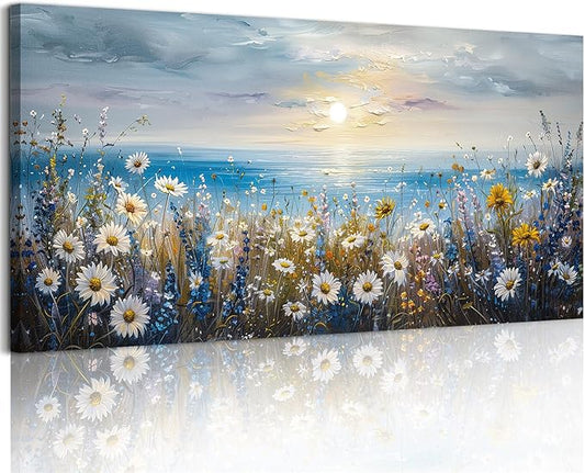 crmotu Coastal Beach Scenery Wall Art, Daisy Wildflower Large Botanical Prints, Seaside Sunset Landscape Canvas Painting, Floral Modern Wall Decor Living Room Bedroom Home Office Artwork 24X48 In