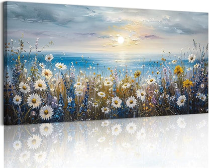 crmotu Beach Wildflower Landscape Wall Art, Seaside Sunset Extra Large Wall Decor, Daisy Floral Botanical Canvas Prints, Modern Rustic House Decorations Living Room Dining Room Farmhouse 29X57 In