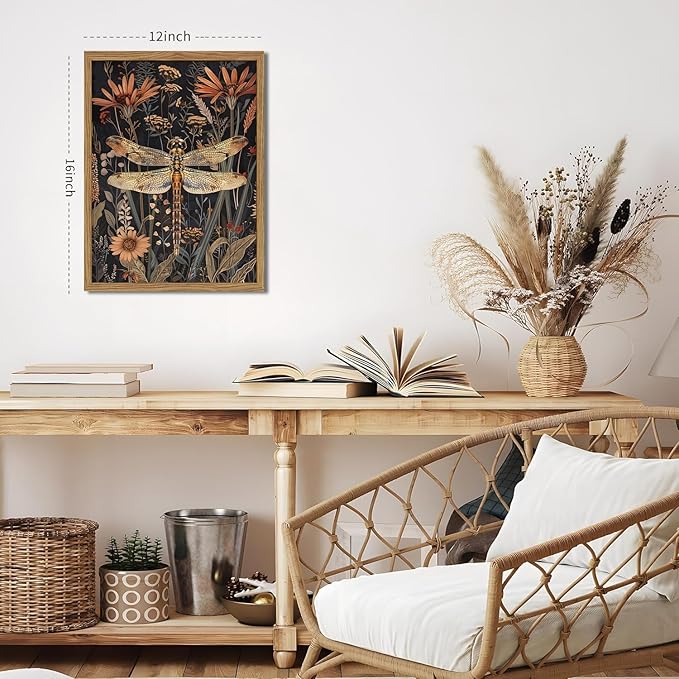 Framed Vintage 3D Textured Wall Art Dark Green Dragonfly Flowers Wall Decor Hand Drawn Sandstone Nature Botanical Paintings Pictures for Living Room Bedroom 16x24 inch