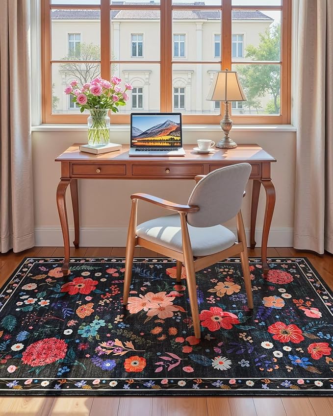Macgace Black Floral Rug for Girls Bedroom, 4x6 Machine Washable Area Rugs with Non Slip Backingfor Living Room, Cute Flowers Carpet Kitchen Dining Room Kids Playroom Decor