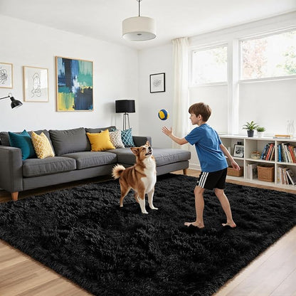 yongyangjuxin Fluffy Rug Shag Area Rug, Black 6x9 Area Rugs for Living Room, Large Shag Area Rugs for Bedroom Kids Room Home Decor, Upgrade Anti-Skid Rectangular Fuzzy Rugs