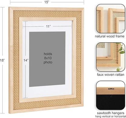 Kate and Laurel Corah Modern Faux Rattan Picture Frame Set of 2, 11 x 14 matted to 8 x 10, Natural, Boho Two-Piece Glass Photo Frame Set for Gallery Wall Design in Living Room Wall Decor