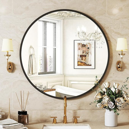 Sweetcrispy 24 Inch Round Wall Mirror with Tempered Glass, Bathroom Mirror Over Sink, Anti-Fog & Waterproof Round Mirror for Bathroom, Entryway, Bedroom, Shatterproof Design, Black