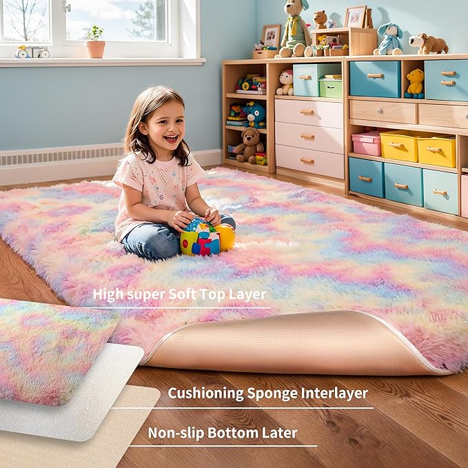 KICHOWUA Thick Area Rug 5x7 Rainbow Fluffy Shag for Girls Bedroom,Ultra Soft Unicorn Plush Fuzzy Washable Thickened Non-Slip Carpet, Pastel Furry Shaggy Rug for Living Room Kids Boys Nursery Dorm
