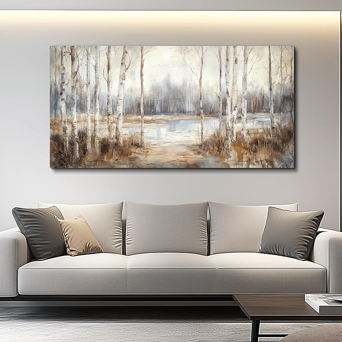 QIYILEXWART Canvas Wall Art For Living Room Large Wall Decor For Office Bedroom Decorations By The Lake Pictures Birch Forest Painting Stretched And Framed Artwork Room Ready To Hang