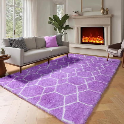 ONASAR 5x7 Area Rugs for Living Room Bedroom, Fluffy Purple and White Throw Rug, Geometric Boho Soft Plush Shaggy Floor Bedside Carpet Mat for Nursery Kids Girls Boys Teen Dorm Home Decor