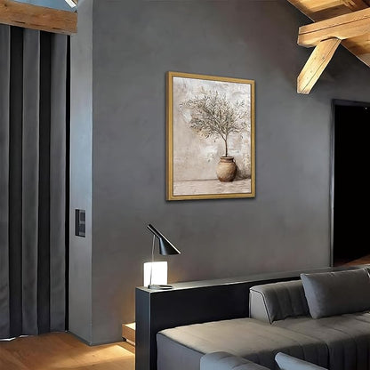Vintage Olive Tree Canvas Wall Art, Farmhouse Aesthetic Oil Painting, Rustic Potted Plant Wall Decor, Neutral Botanical Print Artwork Picture for Living Room Kitchen Home Decor 12x16 Inch Framed