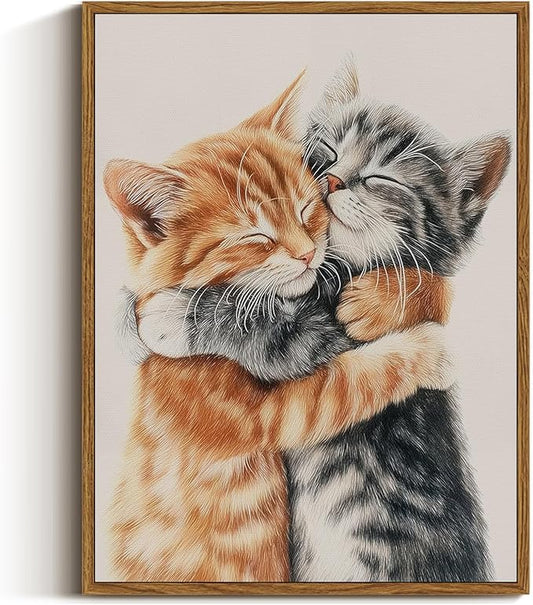VIYYIEA Framed Canvas Wall Art Home Decor Aesthetic for Living Room, Vintage Wall Art, Framed Prints Painting Animal Artwork Bedroom Pictures Kitchen, Gifts for Friends or Family - Cat Hug, 16L x 12W