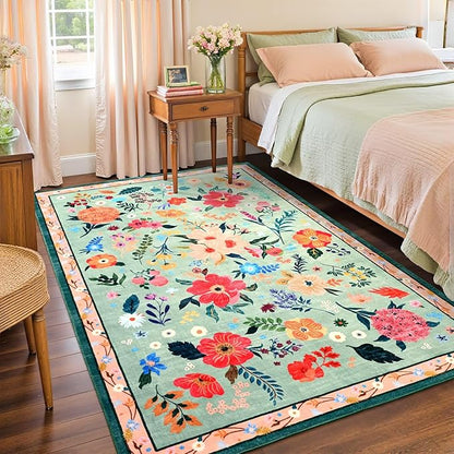 Macgace 5x7 Floral Rug for Girls Bedroom, Machine Washable Area Rugs with Non Slip Backingfor Living Room, Cute Flowers Carpet Kitchen Dining Room Kids Playroom Decor, Light Green