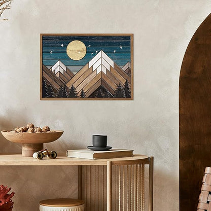 Putuo Decor Wooden Mountain Wall Art, Moon Over Mountain Nature Wilderness Wood Wall Sign Western Decor, Rustic Cabin Adventure Wall Decor for Living Room Bedroom