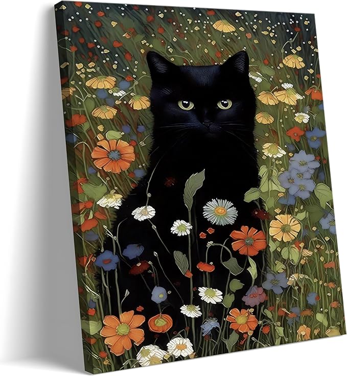 Framed Cat Canvas Wall Art, Funny Black Cat Picture Wall Decor, Animal In Garden Flowers Prints Poster for Bathroom Bedroom Living Room Gallery Decor 12x16 inch