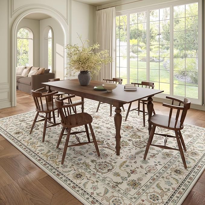 Washable 8x10 Area Rugs for Living Room, Boho Non-Slip Vintage Distress Large Rugs for Bedroom Dining Room Nursery Office, 0.3" Neutral Oriental Throw Thin Carpet, Beige/Rust/Multi, B1