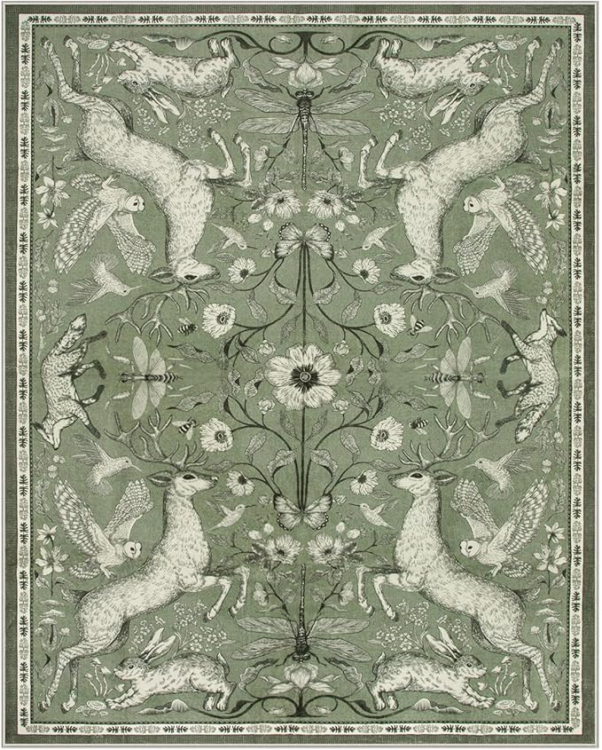 Lahome 8x10 Area Rug for Living Room, Dorval Washable Boho Deer Rug, Vintage Botanical Green Non Slip Low Pile Large Carpet for Bedroom Dining Room Office Nursery Farmhouse Decor