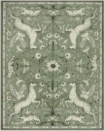 Lahome 8x10 Area Rug for Living Room, Dorval Washable Boho Deer Rug, Vintage Botanical Green Non Slip Low Pile Large Carpet for Bedroom Dining Room Office Nursery Farmhouse Decor