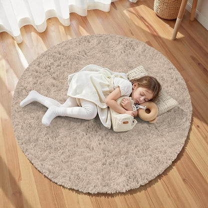 Beige Round Fluffy Rug 6ft,Soft Bedroom Circle Rugs Mats for Kids Girls Nursery Room,Washable Plush Shaggy Indoor Non Slip Rug for Bedside Living Room Bedroom Circular Carpet,Home Decor Aesthetic