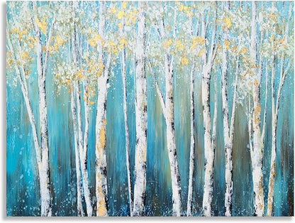 Yihui Arts Landscape Canvas Print Artwork: Teal Winter Forest Painting Wall Art for Office or Living Rooms Decoration