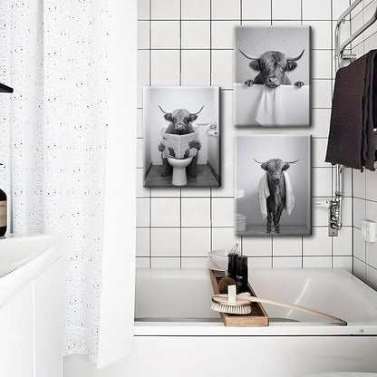 Funny Bathroom Highland Cow Wall Art, Black and White Cute Cow Animal Canvas Posters Prints Set of 3, Vintage Rustic Farmhouse Home Pictures Wall Decor Painting for Bathroom Restroom Framed 12x16 Inch
