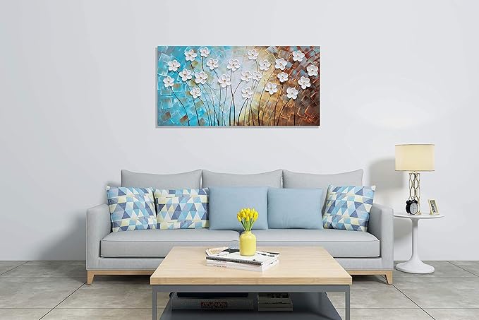 YHSKY ARTS Flower Canvas Wall Art Hand Painted 3D Turquoise Brown White Painting Modern Abstract Floral Pictures Aesthetic Artwork for Living Room Bedroom Dinning Room Decoration