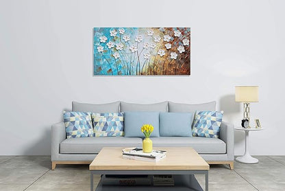 YHSKY ARTS Artisan Crafted Three Dimensional White Floral Relief Wall Decor, Abstract Botanical Canvas Artwork forLiving Room Bedroom Decor
