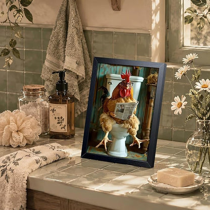 Funny Chicken Bathroom Wall Art, Framed Canvas Print, Rooster Sitting on Toilet Reading Newspaper with Glasses, Humorous Farm Animal Art Oil Painting for Bathroom Decor Restroom Home Decoration 8x10 Inch
