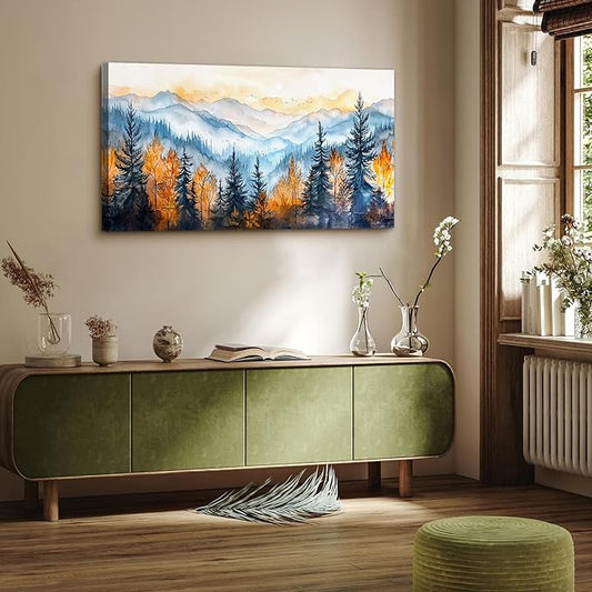 crmotu Mountain Wall Art, Forest Canvas Wall Art, Landscape Art Wall Decor, Autumn Pine Tree Aesthetic Nature Art Prints, Modern Watercolor Painting Wall Decor Living Room Bedroom Kitchen 20"X40"
