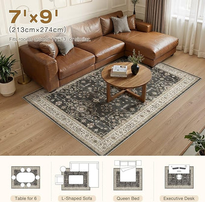 Area Rug for Living Room - 7x9 Soft Washable Oriental Vintage Floral Distressed Large Carpet - Fade Stain Resistant Non Slip Rugs for Bedroom Dining Room Nursery Dorm Office Home Decor - Black