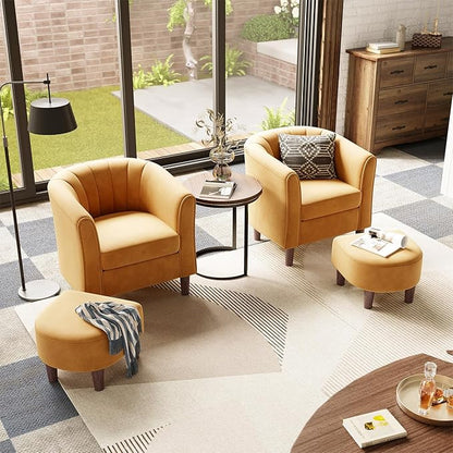 LINSY Accent Chair Set of 2, Velvet Barrel Chair with Ottoman, Modern Comfy Small Armchair for Small Spaces Reading Room Living Room Bedroom Kids Room Office, Yellow