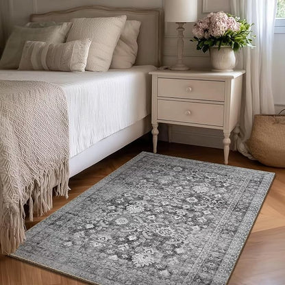 Washable 3x5 Entryway Rug, Boho Non-Slip Vintage Distress Small Rugs for Kitchen Nursery Office Bedroom, 0.3" Neutral Oriental Throw Thin Carpet with Cushioning Pad, Grey/Multi, C5