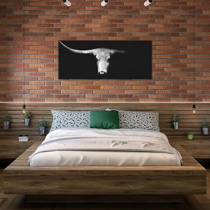 LevvArts Large Size Longhorn Cow Canvas Wall Art Black and White Western Cattle Portrait Photo Painting Artwork for Man Cave Home Office Living Room Decor 20"x48"
