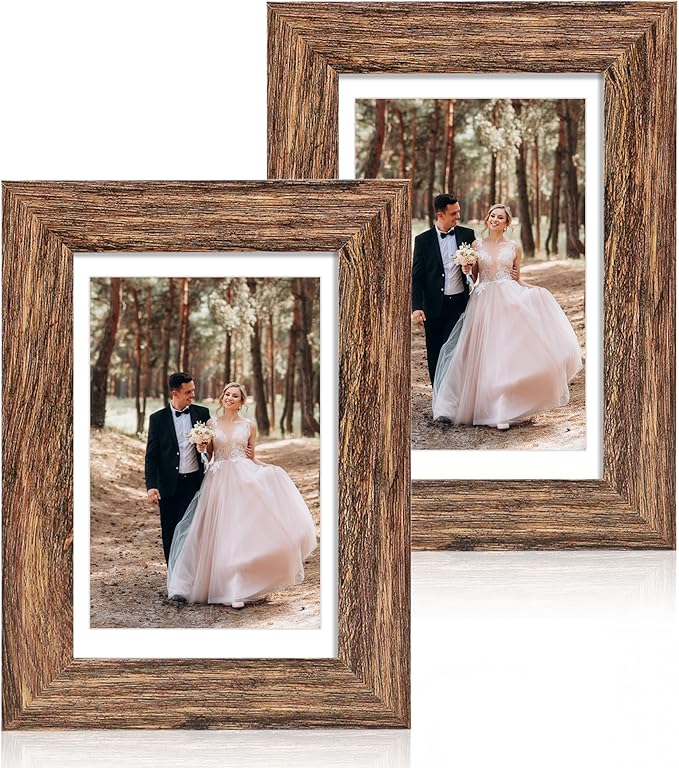 iRahmen 5x7 Picture Frame Set of 2 with High Definition Glass, Wood Photo Frame Display Pictures 4x6 with Mat or 5 x 7 without Mat for Table top and Wall Mounting