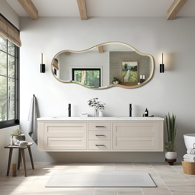 POZINO Large Irregular Mirror, 63"x28.5" Asymmetrical Metal Frame Mirror with Beveled Edge, Premium Organic Wall Mirrors for Living Room Bedroom Hallway Entryway, Horizontal/Vertical Hanging