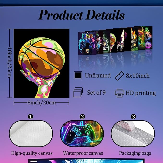 Neon Gamer and Basketball Wall Art Set of 9, Cool Gaming Headset Skull Controller Sports Canvas Prints, Colorful Graffiti Style Posters for Boys Teen Bedroom Game Room Wall Decor 8x10 Inch Unframed