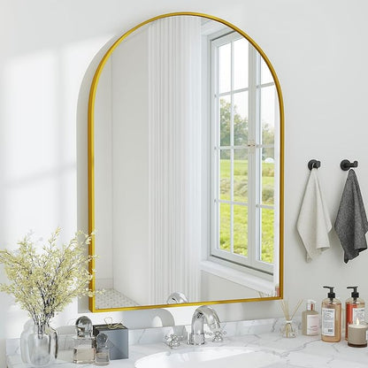 SCWF-GZ 24x36 Arch Mirror Rectangle Full Length Wall Mounted Hanging or Against Wall Metal Aluminum Alloy Frame Dressing Make-up Mirrors for Entryway Bedroom Bathroom Living Room 24 36 inch Gold
