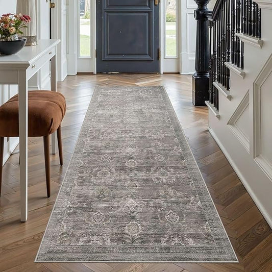 Rugxara 2x5 Runner Rug, Washable Kitchen Rugs, Grey Boho Vintage Floral Hallway Runner, Non Slip Low Pile Area Rug Carpet for Indoor Hallway, Kitchen, Laundry Room and Bathroom(Taupe/Grey 2x5ft)